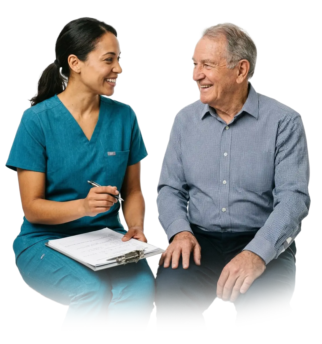 Occupational therapist chatting kindly with an older adult.